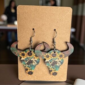 Western Boho Sunflower Bull Skull Dangle Earrings